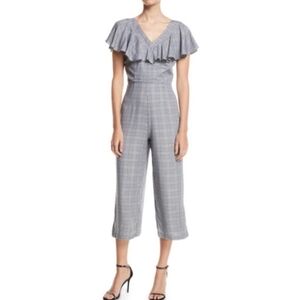 Laundry By Shelli Segal Gray Plaid Cropped Jumpsuit with Ruffled Neckline Sz 10
